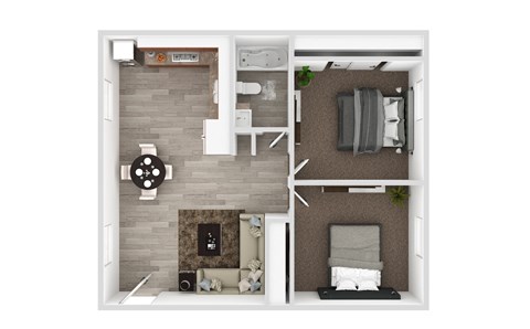 the interior of a studio apartment with a bedroom and a living room